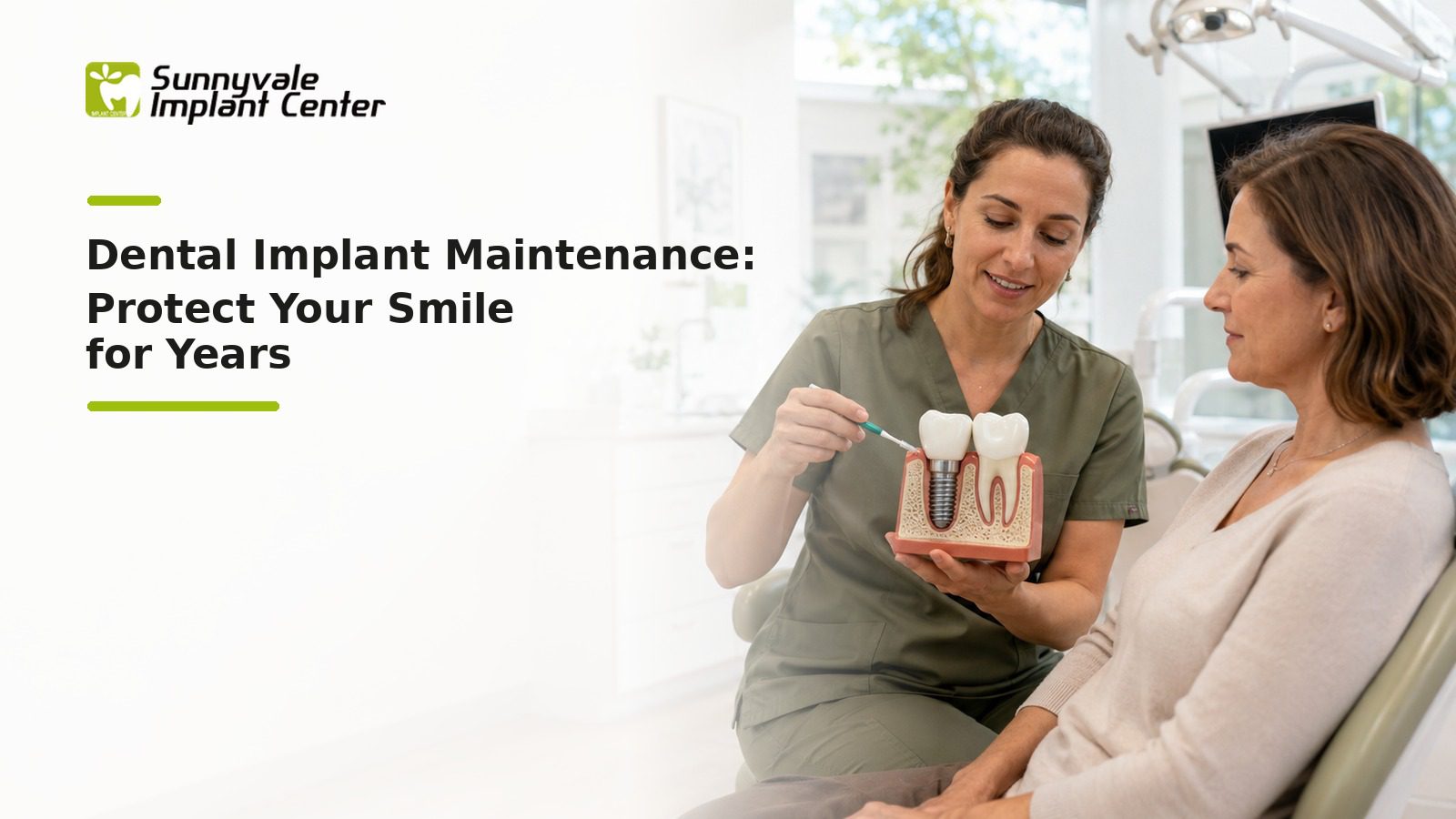 Dental professional explaining implant maintenance to a patient.