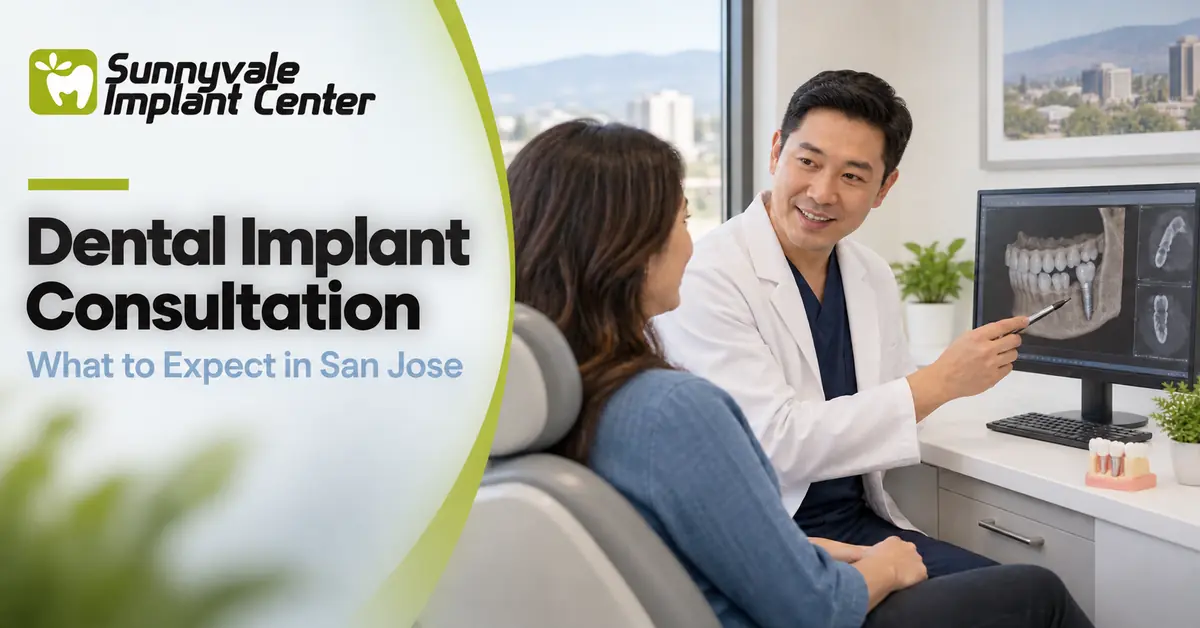Dentist discussing dental implant X-rays with a patient in San Jose.